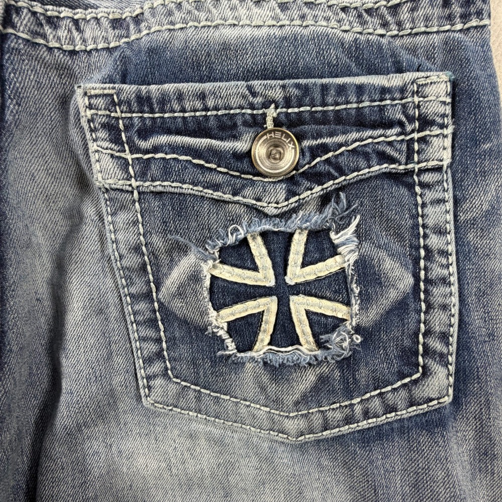 Helix Relaxed Boot Jeans Mens 30x30 Blue Denim Distressed Iron Cross Pockets Y2K - Picture 7 of 15